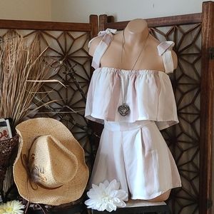 SALE NEW CROP TOP SHORT SET WHITE MUAVE PINK